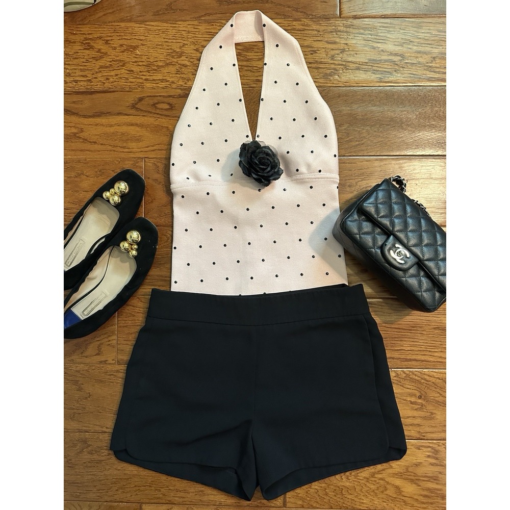 Vintage Y2K Veronique Young Pink Black Polka Dot Halter Top Rosette USA 2